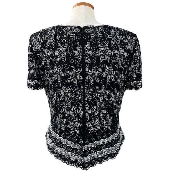 Adrianna Papell Silk Beaded Top L Black Evening Cocktail Scalloped Hem Formal - Picture 3 of 16